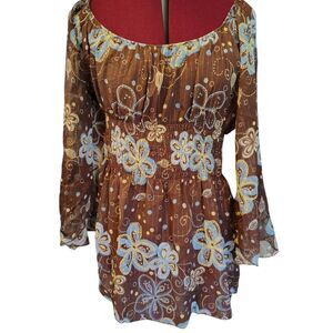 Jordache Two Piece Floral Sheer Blouse and Camisole Size XL15 Brown Blue